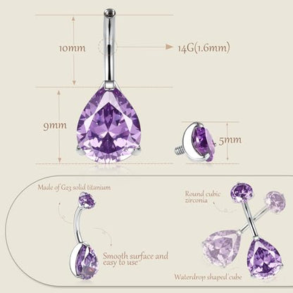 AROWRO Gold Belly Button Ring G23 Titanium Hypoallergenic 14G belly ring for Women Men Teardrop Navel Piercing Jewelry 10mm Barbell With Cubic Zircon - color: Silver+Teardrop Purple CZ