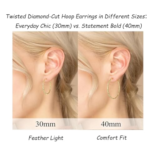 14K Gold/Silver Plated Twisted Hoop Earrings for Women - Sparkly Diamond-Cut Large Hoops with 925 Sterling Silver Post, Lightweight Hypoallergenic Trendy Jewelry Gifts (30mm / 40mm) - size: Gold 30mm