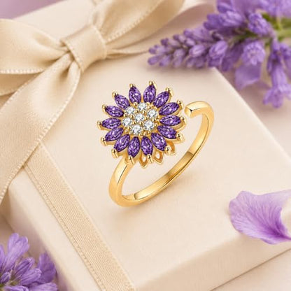 Sunflower Fidget Ring for Women Gold Anxiety Crystal Rings Cubic Zirconia Sunflower Open Adjustable Fidget Ring Spinner Sun Ring for Men Trendy Jewelry - color: Gold Purple