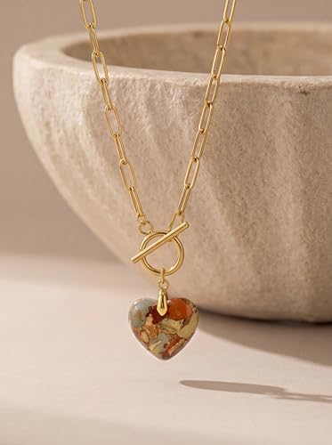 Puff Heart Healing Stone Necklace for Women, 14K Gold Plated Choker Paperclip Stainless Steel Chain, Colorful Natural Stone Boho Necklace Jewelry Gift for Women - color: Khaki Stone-Gold