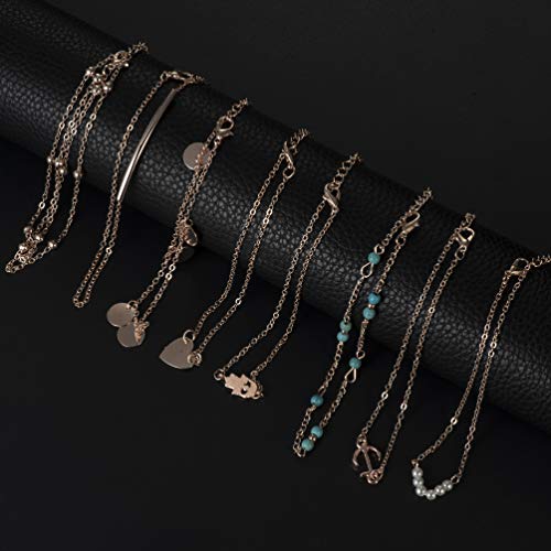 Softones 16Pcs Ankle Bracelets for Women Gold Silver Two Style Chain Beach Anklet Bracelet Jewelry Anklet Set,Adjustable Size - color: D:Rose Gold