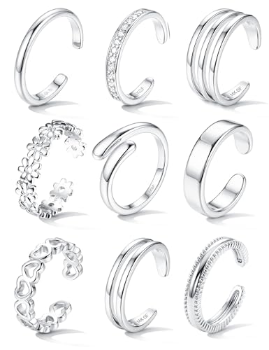FASACCO 9Pcs 14K Gold Filled Toe Rings Non Tarnish Toe Rings for Women | Adjustable Open Band Ring, Silver Plated Toe Ring, Waterproof Summer Beach Foot Jewelry - color: Silver-Row