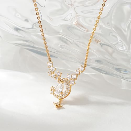 WEARON Gold Necklace for Women Gold Star Necklace 14K Gold Plated CZ Necklace Dainty Choker Charm Necklaces Hypoallergenic Trendy Jewelry for Women Gift - color: Moon Star Y