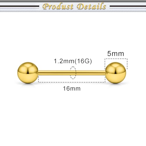 16G 14G Surgical Steel Tongue Rings Nipple Rings Industrial Piercing Jewelry Set Multi Size Straight Barbells 12mm 14mm 16mm 19mm 22mm 28mm 32mm 35mm 38mm 40mm 45mm for Women Men - color: goldtone, size: 16g,bar length 16mm