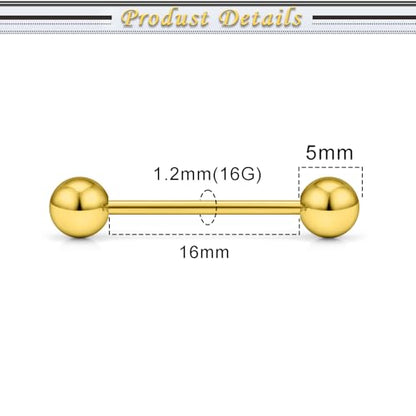 16G 14G Surgical Steel Tongue Rings Nipple Rings Industrial Piercing Jewelry Set Multi Size Straight Barbells 12mm 14mm 16mm 19mm 22mm 28mm 32mm 35mm 38mm 40mm 45mm for Women Men - color: goldtone, size: 16g,bar length 16mm