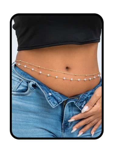 Waist Chain Silver Beads Belly Chain Gold silver Women Dainty Body Jewelry Accessories - color: gold pearl - 36 + 10 in
