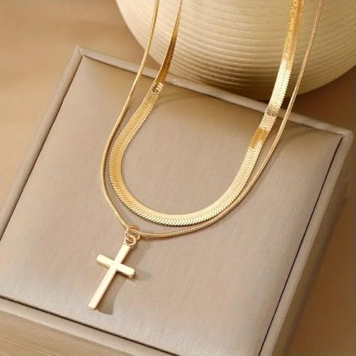 Double Layered Cross Necklace for Women Men, Herringbone Snake Chain and Box Chain Stack, Dainty Minimalist Pendant Jewelry for Daily Wear Celebration Events