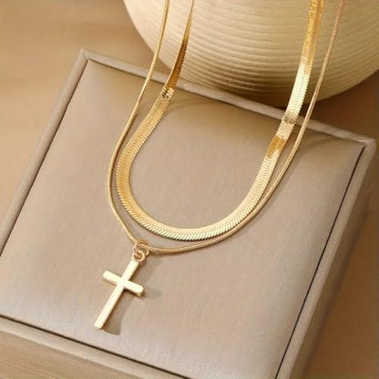 Double Layered Cross Necklace for Women Men, Herringbone Snake Chain and Box Chain Stack, Dainty Minimalist Pendant Jewelry for Daily Wear Celebration Events