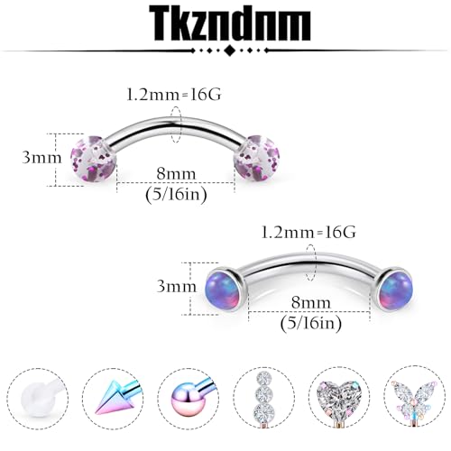 16g 8mm Silver/Black/Rainbow Eyebrow Piercing Jewelry Rings Curved Barbell Vertical Labret Lip Surgical Steel Small Belly Button Snake Eyes Tongue Rook Earrings for Women Men - color: Rainbow / Purple