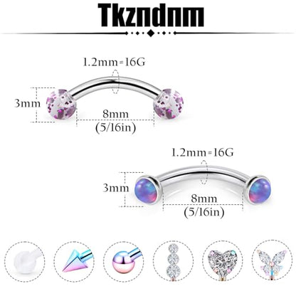 16g 8mm Silver/Black/Rainbow Eyebrow Piercing Jewelry Rings Curved Barbell Vertical Labret Lip Surgical Steel Small Belly Button Snake Eyes Tongue Rook Earrings for Women Men - color: Rainbow / Purple