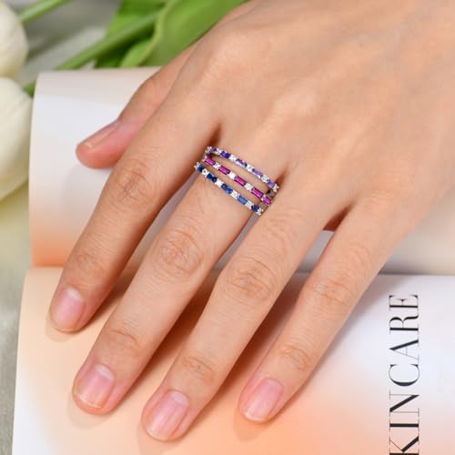 JO WISDOM 925 Sterling Silver Wedding Band for Women Thin Stacking Ring Half Cubic Zirconia Eternity Engagement Ring - color: 07-Jul-Ruby