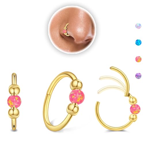 Thiswhyimbeauty 2PCS 18g Opal Nose Rings for Women Nose Hoops 8mm/10mm Hypoallergenic 316L Surgical Steel Nose Rings Piercing Jewelry Can Be Used as a Nose Ring, Septum Ring, and Cartilage Earring - color: A-Gold Pink opal