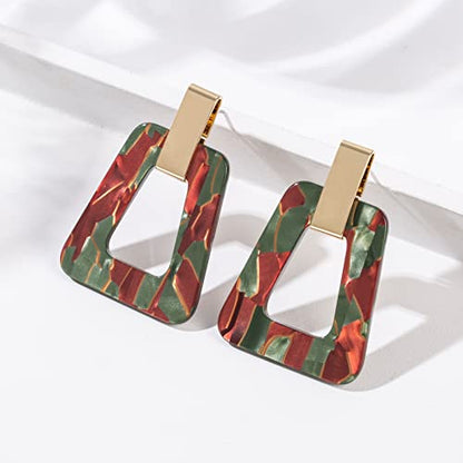 Acrylic Geometric Statement Earrings - Mottled Resin Lightweight Dangle Earrings for Party or Vacation - color: BROWN GREEN