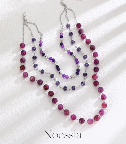 Noessla Layered Beaded Necklaces for Women - 3 Strand Boho Statement Choker Fashion Jewelry Gifts - color: Purple