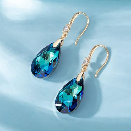 Austrian Crystal Teardrop Dangle Drop Earrings for Women 14K Gold Plated Hook Earring Hypoallergenic Jewelry Gifts for Women Girls - color: Bermuda Blue