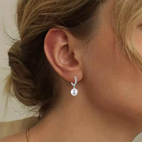 CERSLIMO Pearl Drop Earrings for Women | S925 Sterling Silver Post Simulated Shell Pearl Hoop Dangle Earrings, Hypoallergenic Cubic Zirconia Huggies Earrings Bridesmaid Jewelry - style: 01 Silver-Round