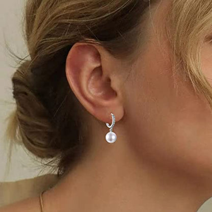 CERSLIMO Pearl Drop Earrings for Women | S925 Sterling Silver Post Simulated Shell Pearl Hoop Dangle Earrings, Hypoallergenic Cubic Zirconia Huggies Earrings Bridesmaid Jewelry - style: 01 Silver-Round