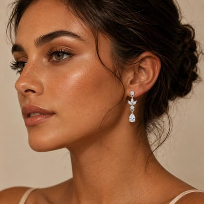 Sonateomber Gold Silver Pearl Rhinestone Dangle Earrings for Women, Elegant CZ Leaf Butterfly Bridal Earings Prom Wedding Fashion Jewelry Gift - color: Silver CZ