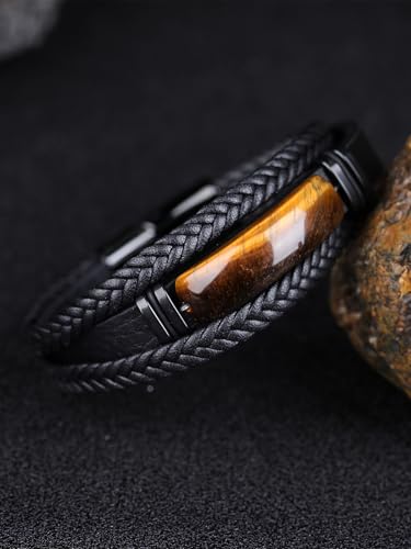 Mens Black Leather Obsidian/Turquoise/Tiger Eye/Red Agate Bracelet–Braided Multi‑Layer Wristband Cuff Bangle Bracelet with Stainless Steel Clasp Gift Jewelry Box Included - color: Tiger Eye Stone, size: 8.3in(Fits most wrists)
