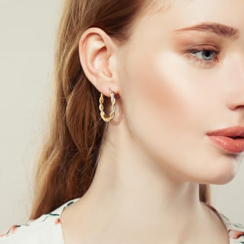 ENROSE Gold Hoop Earrings 14K Gold Earring for Women | Twisted Gold Hoop Earrings Minimalist Diamond Earring Jewelry 29mm*4mm - style: B-GD