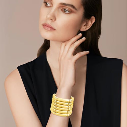 YBMYCM 5PCS Gold Chunky Bangles Bracelets for Women | 14k Gold Plated Stackable Layered Curved Bamboo Tube Stretch Bracelets Bangle Gift Jewelry - color: 6pcs G-8mm