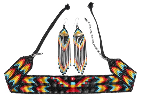 Handmade Beaded Indian Necklace,Inspired by Native American Style Long Necklace Earrings Set,One of a Kind beaded Necklace for Women,Perfect for Occasions, Gifts - color: Multi Color Thunderbird