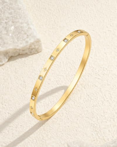 Joo&Rind Gold Bangle Bracelets for Women 18K Gold Plated Stainless Steel Bracelet Oval Hinged Bangles for Small Wrists Non Tarnish Waterproof with Cubic Zirconia Jewelry Gift for Everyday Wear Birthday - color: Star-Gold