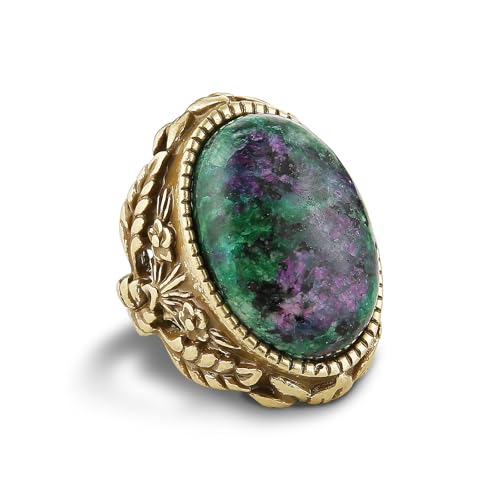 HZMAN Natural Turquoise Open Ring, Vintage Palace Style Adjustable Antique Brass Chunky Statement Ring, Handmade Jewelry for Women - color: Natural Carved Patterned Stone