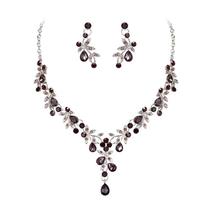 BriLove Wedding Jewelry Set for Women Bride, Y-Necklace Dangle Earrings Crystal Teardrop Leaf Flower Cluster Bridal Bridesmaid - color: 07-Purple