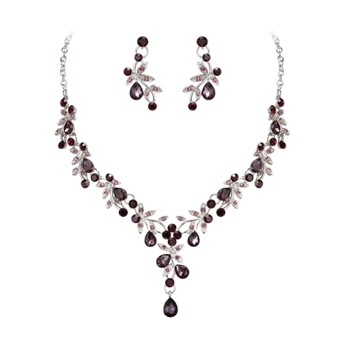 BriLove Wedding Jewelry Set for Women Bride, Y-Necklace Dangle Earrings Crystal Teardrop Leaf Flower Cluster Bridal Bridesmaid - color: 07-Purple