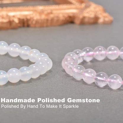 2PCS Agate Bracelet for Women Men Natural Round Beaded Agates Stone Healing Stretch Bracelets Elastic Handmade Polished Gemstone Beads Bracelet - color: White+Pink Quartz, size: 8mm Beads