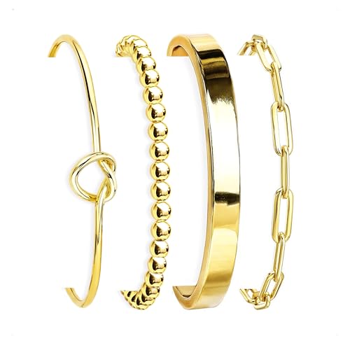 HERIER Gold Bracelets for Women 18k Gold Plated Bracelet Stack Bangle Cuff Bracelet Set for Women Non Tarnish Beaded/Paperclip/Cuban Link Chain Bracelets Jewelry for Women Trendy - style: Bangle Paperclip4-Gold