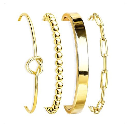 HERIER Gold Bracelets for Women 18k Gold Plated Bracelet Stack Bangle Cuff Bracelet Set for Women Non Tarnish Beaded/Paperclip/Cuban Link Chain Bracelets Jewelry for Women Trendy - style: Bangle Paperclip4-Gold