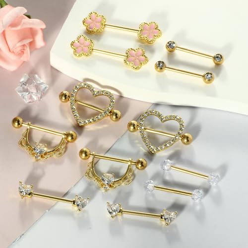 TIANCI FBYJS 6 Pairs Nipple Rings Stainless Steel Heart Butterfly Moon Flower CZ Stud Barbell Tongue Rings Set Cute Nipplerings Piercing Jewelry for Women Pink Tone - color: gold color