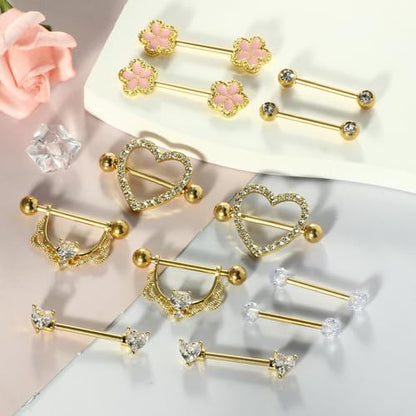 TIANCI FBYJS 6 Pairs Nipple Rings Stainless Steel Heart Butterfly Moon Flower CZ Stud Barbell Tongue Rings Set Cute Nipplerings Piercing Jewelry for Women Pink Tone - color: gold color
