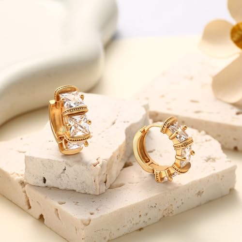 CZ Huggie Hoop Earrings for Women | Sparkly Cubic Zirconia, Small Hoop, Lightweight, Everyday Fashion Jewelry - color: Square CZ - Gold