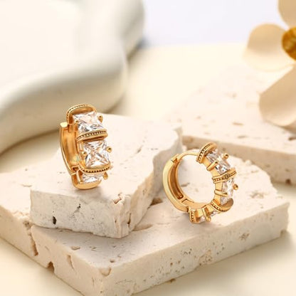 CZ Huggie Hoop Earrings for Women | Sparkly Cubic Zirconia, Small Hoop, Lightweight, Everyday Fashion Jewelry - color: Square CZ - Gold