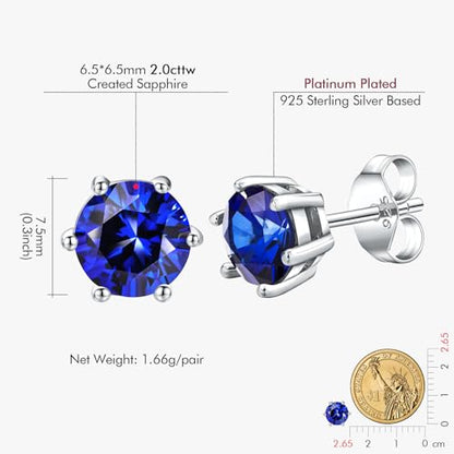 DAYBYDAY 925 Sterling Silver Birthstone Earrings for Women, Crystal Stud Earrings, 6.5mm Round Cut Solitaire Gemstone Earrings Birthday Jewelry - style: Round Cut-09. Sep/created blue sapphire