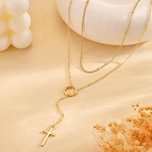CHESKY Lariat Necklace for Women，14k Gold/Sliver Plated Layered Necklace | Gold/Sliver Long Necklace，Dainty Cross Pendant, Wedding Y-Shaped Drop Chain, Waterproof Jewelry Gift for Women Everyday Wear - style: Cross