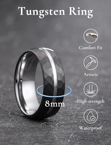 King Will Men's Tungsten Carbide Wedding Ring Hammered Groove Wedding Band Mens Two Tone Engagement Ring for Men and Women Matte Brushed Finish Comfort Fit - color: 8MM Black-Silver Groove