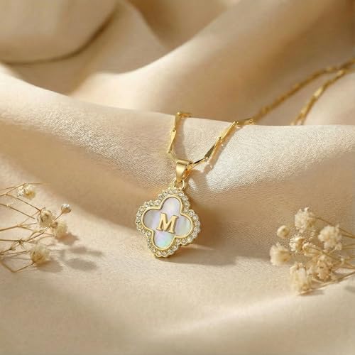LETFLY 14K Four Leaf Clover Natural Shells Initial A-Z Necklaces for Women - color: Gold, style: Letter M