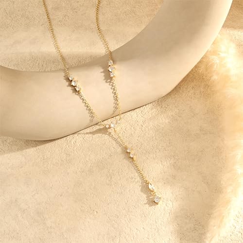 LuckFairy Lariat Necklace for Women，Dainty Gold Long Necklaces 14k Gold Plated CZ Lips Bead Y-Shaped Drop Chain Necklace Simple Gold Layered Necklaces for Women Trendy Gold Jewelry Gifts for Women - color: Gold-dainty long necklace