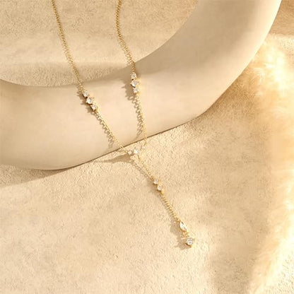 LuckFairy Lariat Necklace for Women，Dainty Gold Long Necklaces 14k Gold Plated CZ Lips Bead Y-Shaped Drop Chain Necklace Simple Gold Layered Necklaces for Women Trendy Gold Jewelry Gifts for Women - color: Gold-dainty long necklace
