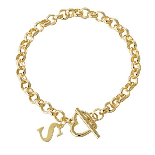 14K Gold Plated Stainless Steel A-Z Alphabet Letter Heart Bracelet | Non-Tarnish Dainty Charm with a Romantic Toggle Clasp Daily Fashion Jewelry, 7-inch Rolo Chain, Personalized Gift for Her - color: S