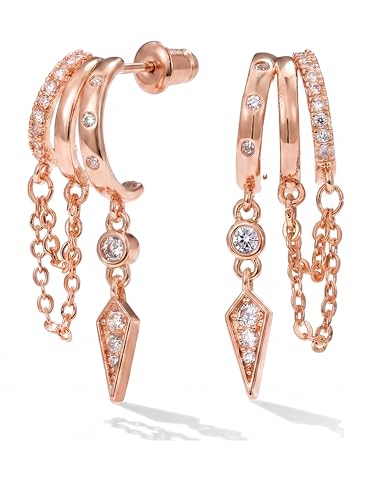 Gold Earrings for Women Trendy 14K Gold Plated Dangle Earrings Small Hoop Huggie Drop Stud Earrings Cubic Zirconia Simple Minimalist Dainty Chain Tassel Hypoallergenic Earrings - color: Chain & Rose Gold