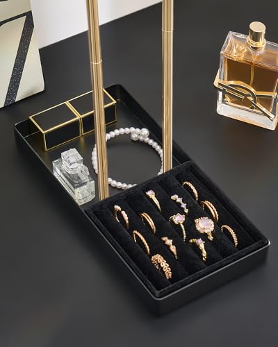 Lolalet 2-Tier Necklace Holder Display, Jewelry Stand with Ring Tray -Black | Velvet Wrapped Jewelry Organizer, Tall Bracelet Stand for Bangles Watches Earrings, Gifts for Mom Girls Women Mother's Day - color: Black