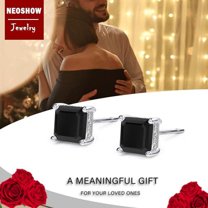 Asscher Cut Cubic Zirconia Stud Earrings for Men Women | Square CZ Simulated Diamond Studs, 18K White Gold Plated Sterling Silver - color: Black, size: 5MM