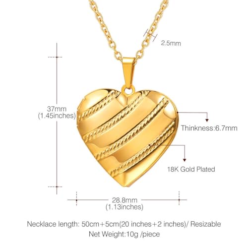 U7 Women Locket Necklace, Heart Photo Lockets Hold Picture, Gift Box Packed | Gold/Silver/Rose Locket Charm, Custom Picture and Engravement Heart Pendant, 20" Chain, Personalized Gift for Mom Wife Friend - color: 05# Gold Stripe