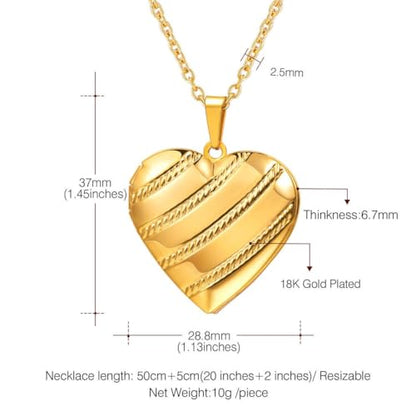 U7 Women Locket Necklace, Heart Photo Lockets Hold Picture, Gift Box Packed | Gold/Silver/Rose Locket Charm, Custom Picture and Engravement Heart Pendant, 20" Chain, Personalized Gift for Mom Wife Friend - color: 05# Gold Stripe