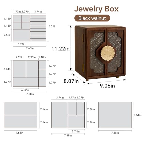 Black Walnut Wood Jewelry Box for Women, Large | Velvet Lined, 5 Drawers & Brass Feet, Earring Organizer, Traditional Chinese Pattern Handles - size: Double doors